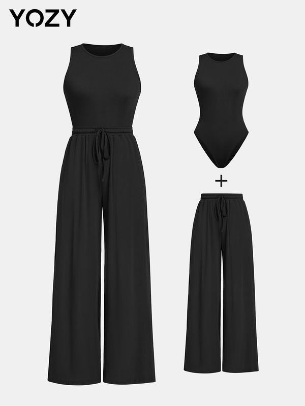 Yozy 2pcs Ribbed Bodysuit & Wide Leg Pants Co-ord Set