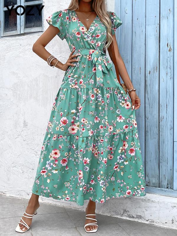 Floral Print Butterfly Sleeve Belted Tiered Ruffle Long Dress