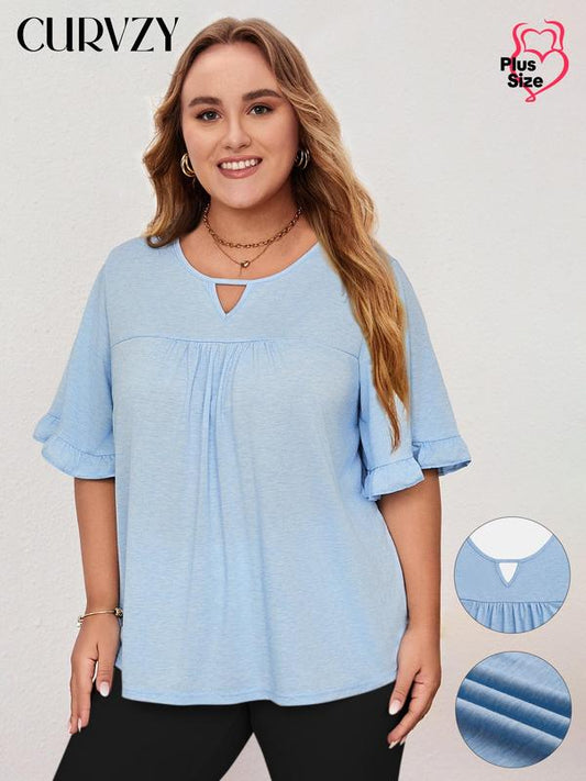 Curvzy Plus Ruched Cut Out Flounce Sleeve Tee