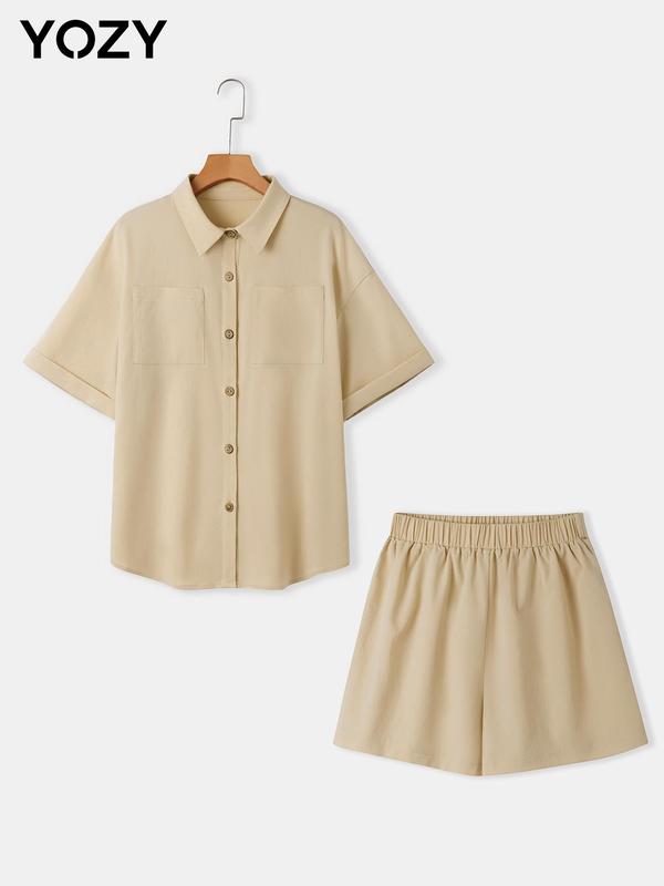 2pcs Solid Pocket Button Front Shirt & Elastic Waist Shorts Set