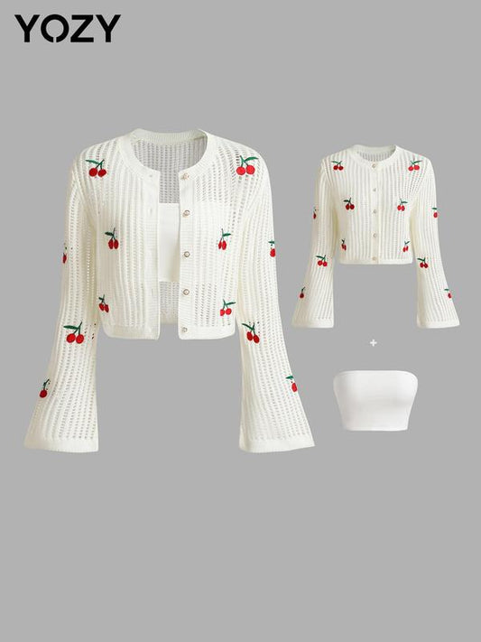 Yozy Cherry Embroidery Cardigan & Crop Set