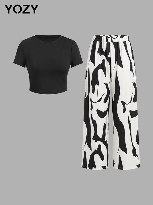 Yozy Solid Crop Top & Print Wide Leg Pants Set