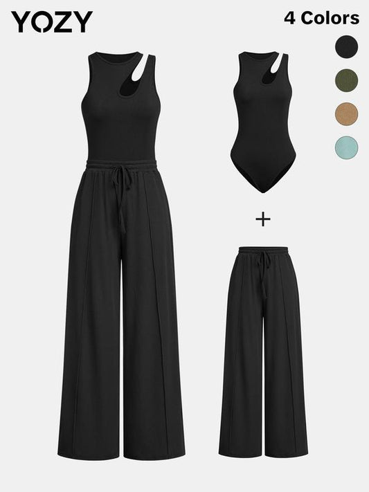 Yozy Asymmetrical Neck Cut Out Bodysuit & Wide Leg Pants Co-ord Set