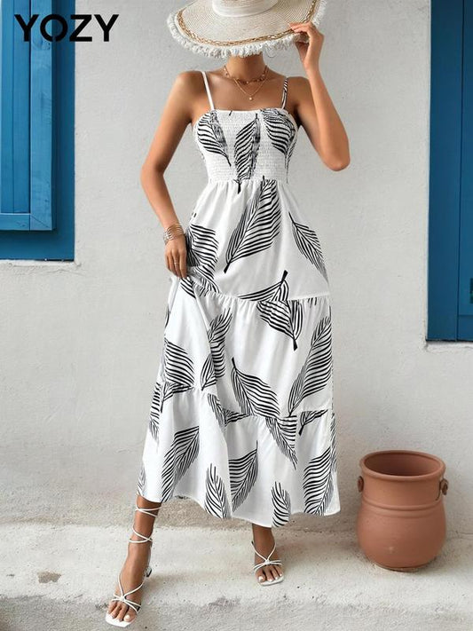 Yozy Leaf Print Shirred Cami Dress
