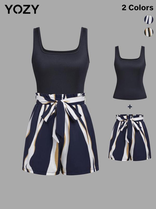Yozy Solid Tank Top & Frill Trim Belted Shorts Set
