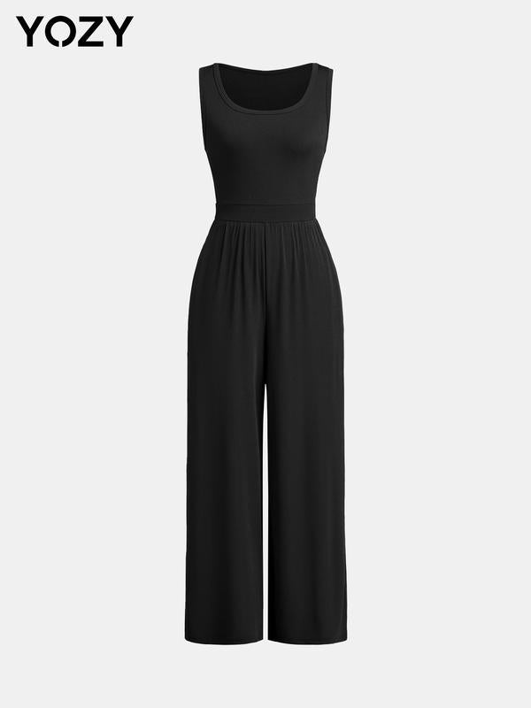 Ruched Wide Leg Scoop Neck Tank Jumpsuit