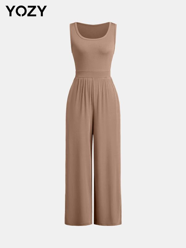 Ruched Wide Leg Scoop Neck Tank Jumpsuit