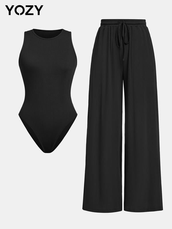 Ribbed Bodysuit & Drawstring Wide Leg Pants Set