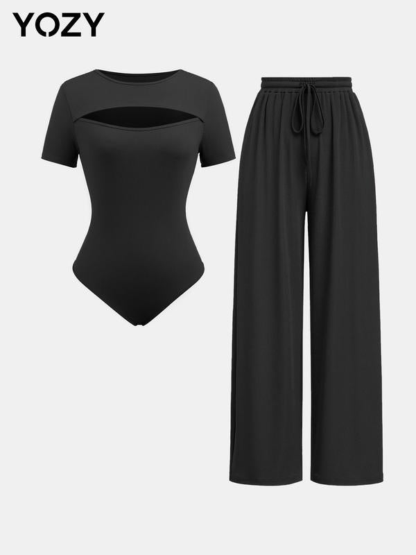 Yozy 2 Piece Cut Out Bodysuit & Wide Leg Pant