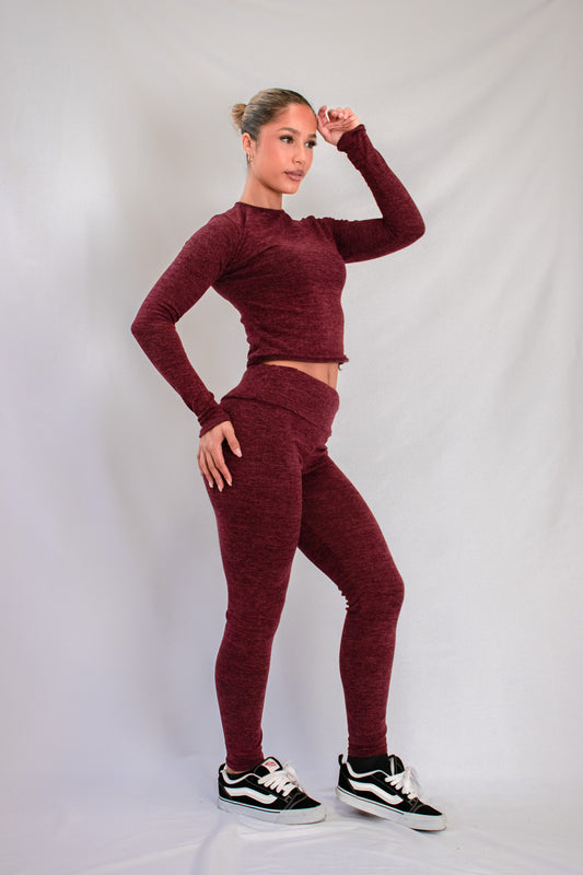 Women's Maroon Long-Sleeve Crop Top and Leggings Set