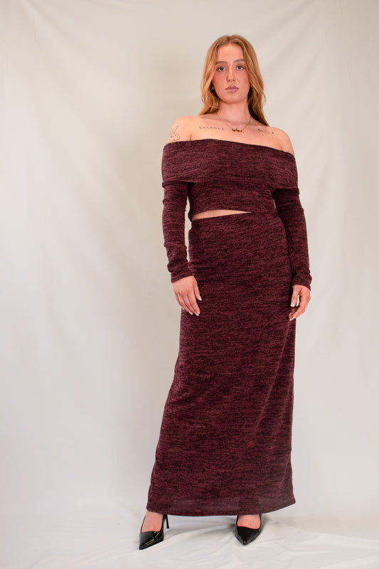Women's Maroon Off-Shoulder Knit Maxi Dress