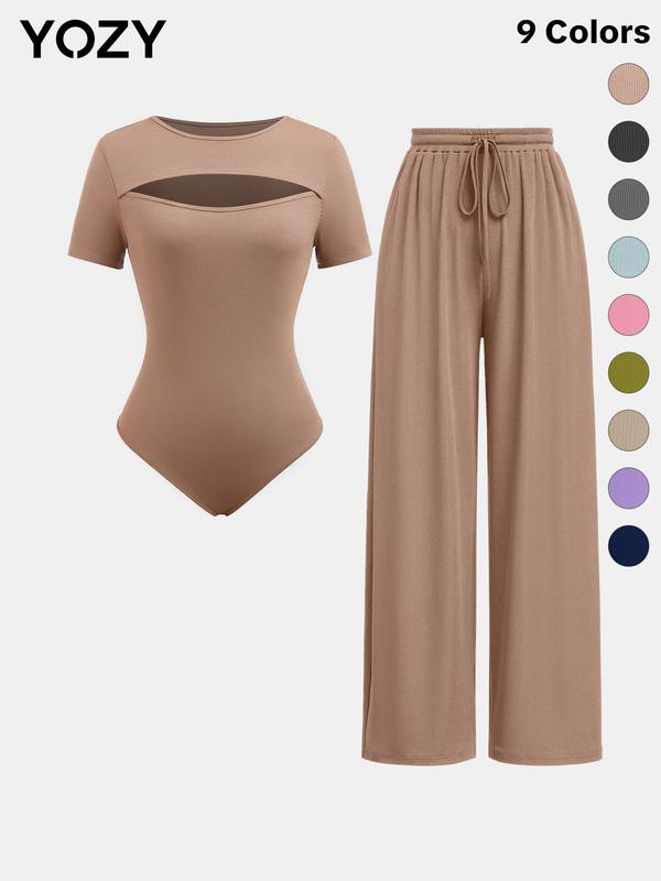 Short Sleeve Bodysuit & Drawstring Waist Wide Leg Pants Set