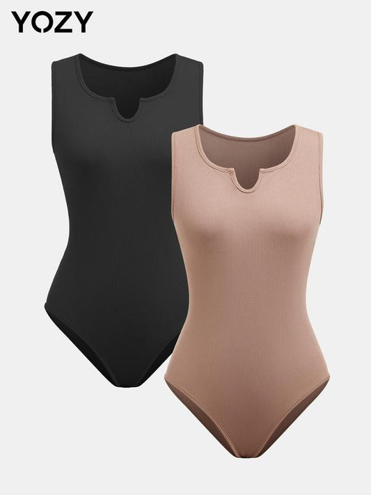 Notched Neck 2pcs Ribbed Bodysuit