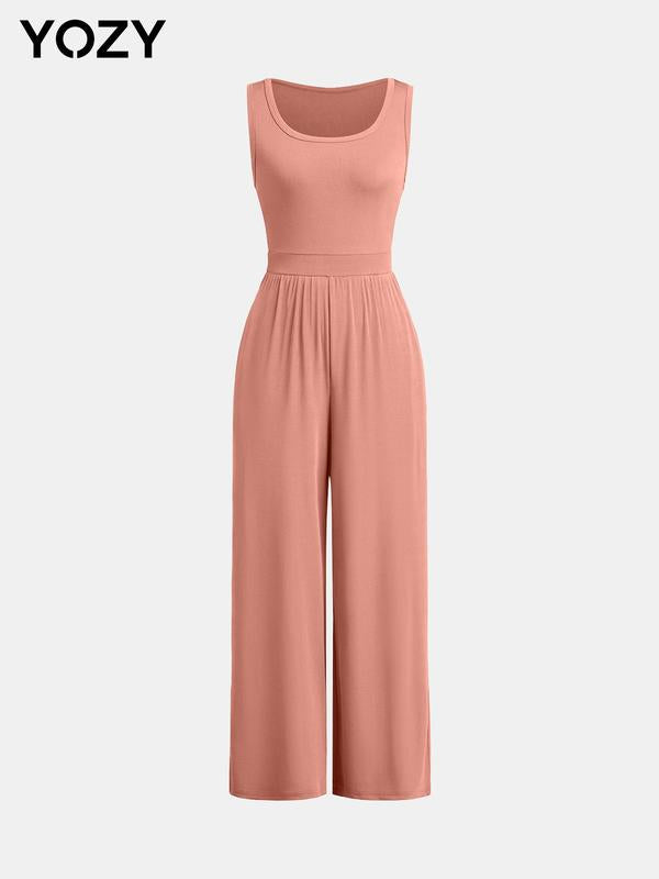 Ruched Wide Leg Scoop Neck Tank Jumpsuit