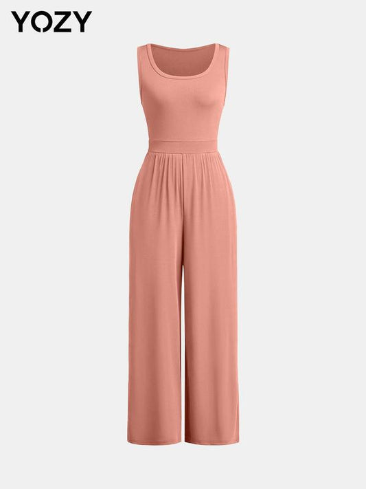 Ruched Wide Leg Scoop Neck Tank Jumpsuit