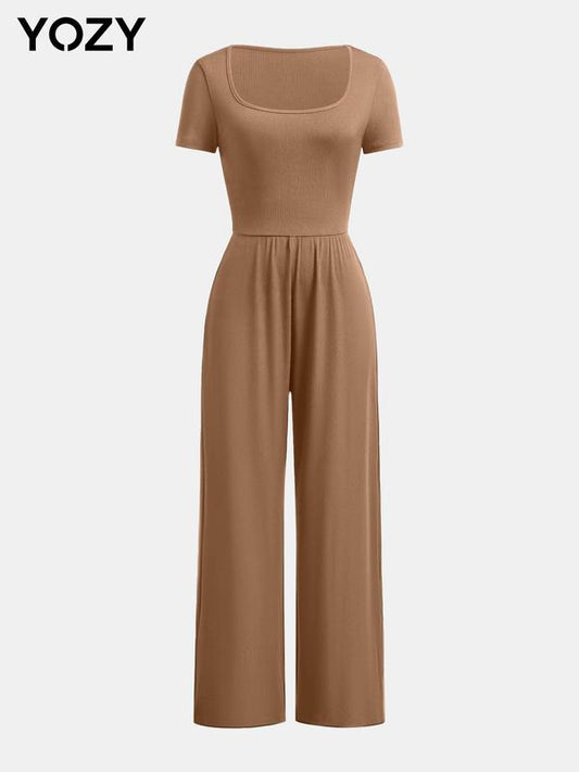 Ribbed Square Neck Short Sleeve Wide Leg Jumpsuit