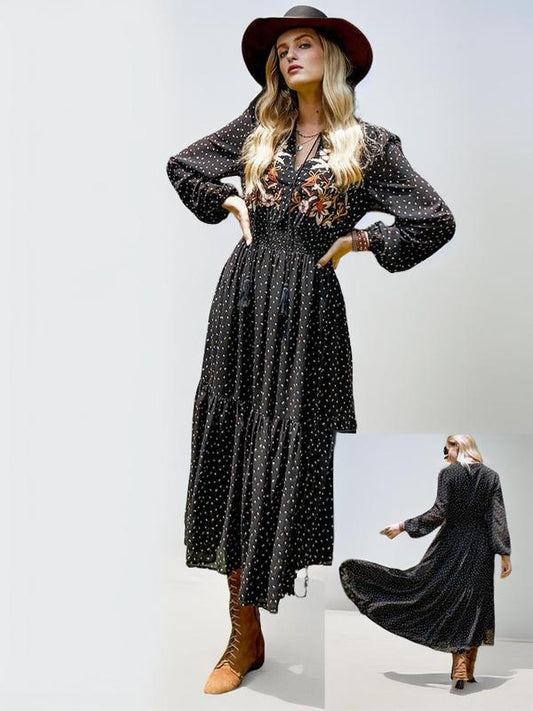 Floral Embroidery Bishop Sleeve Tie Neck Dress