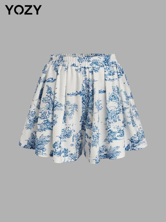 All Over Print Elastic Waist Wide Leg Shorts