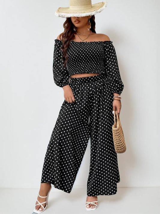 Plus Size Polka Dot Off-Shoulder Blouse & High-Waist Pants