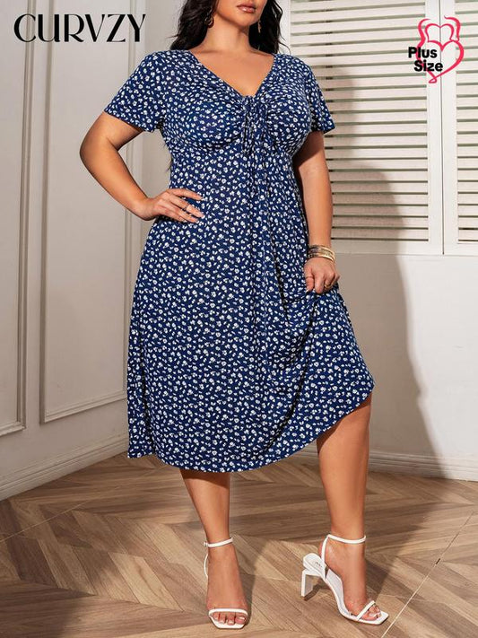 Curvzy Plus Ditsy Floral Tie Front A-line Dress