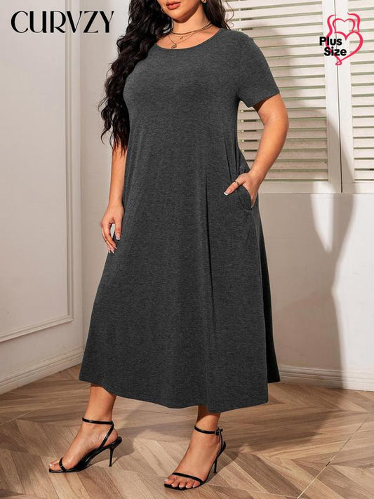 Curvzy Plus Solid Round Neck Tee Dress