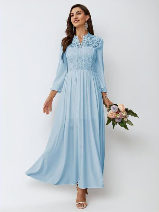 Women's Contrast Lace Flounce Sleeve Dress