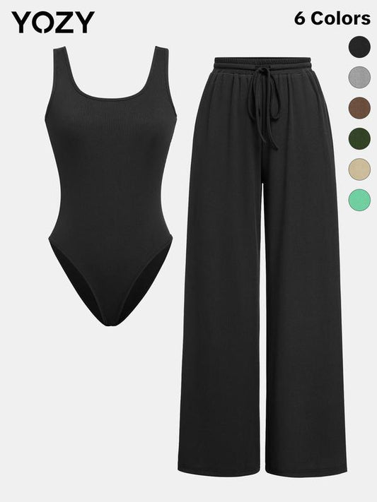 Yozy Women's Summer Ribbed Co-ord Set - Scoop Neck Tank Bodysuit & Drawstring Waist Pants