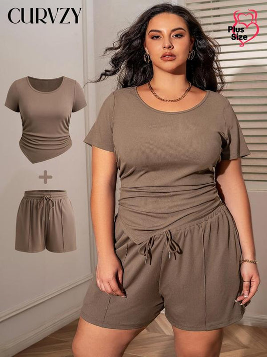 Curvzy Plus Solid Ruched Tee & Shorts Set