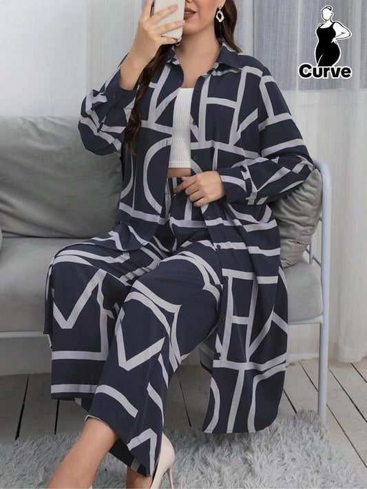 Geometric Print Shirt & Wide Leg Pants Set