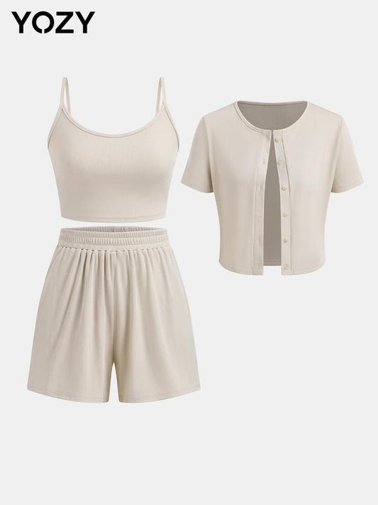 Yozy Solid Crop Cami & Shorts with Outerwear Set