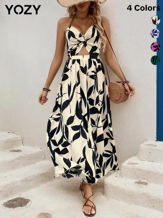 Yozy Leaf Print Cut Out Twist Back Cami Dress