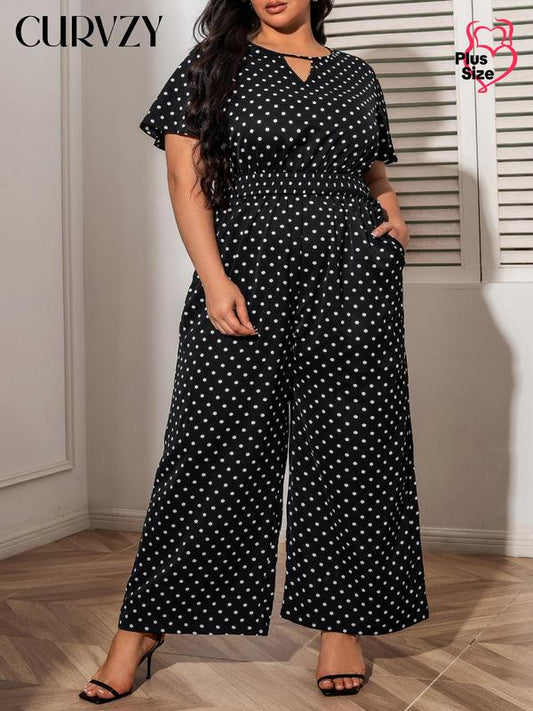 Curvzy Plus Polka Dot Wide Leg Jumpsuit