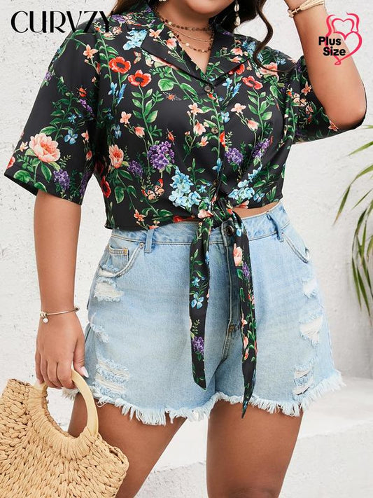 Curvzy Plus Size Boho Floral Crop Blouse
