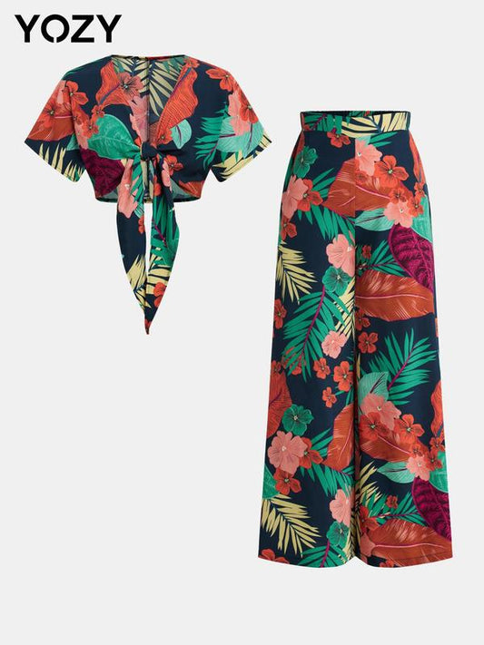 2pcs Floral Leaf Print Knot Front Crop Top & Wide Leg Pants