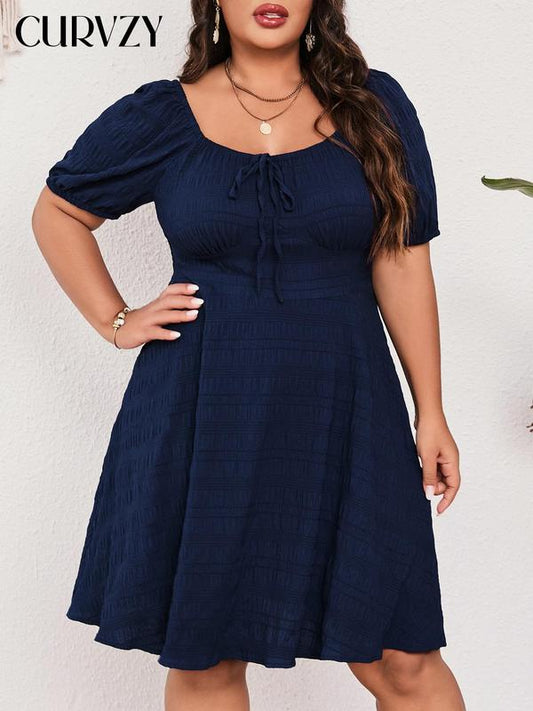 Curvzy Plus Tie Front Puff Sleeve A-line Dress