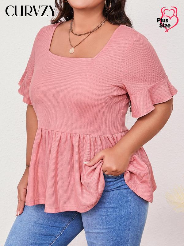 Curvzy Plus Peplum Square Neck Knit Top