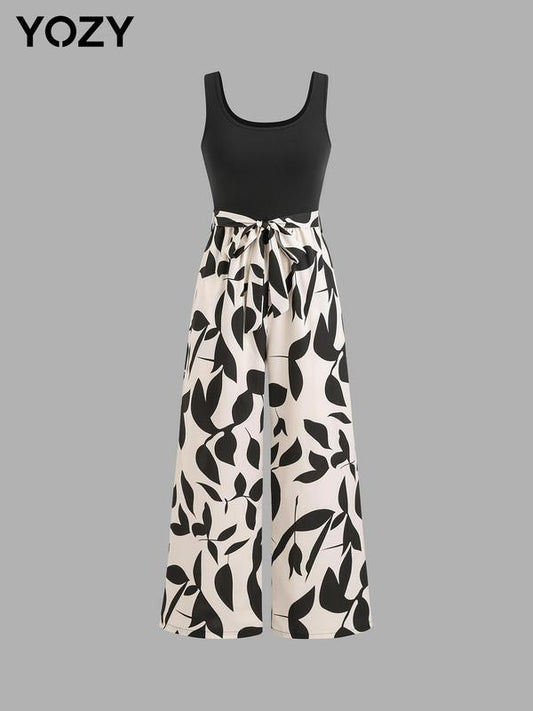 Yozy Women's Leaf Patchwork Print Belted Jumpsuit