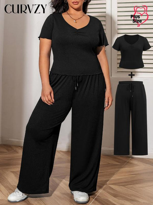 Curvzy Plus Size Plain Ribbed Two-Piece Set