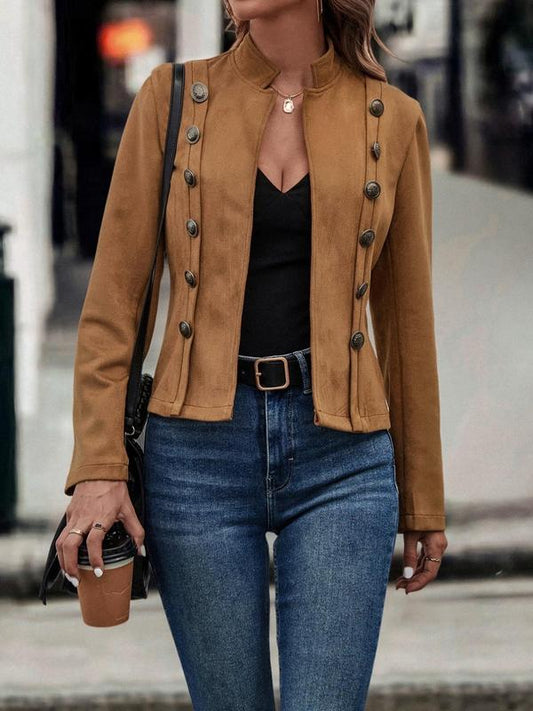 Women's Solid Button Decor Funnel Neck Suede Jacket