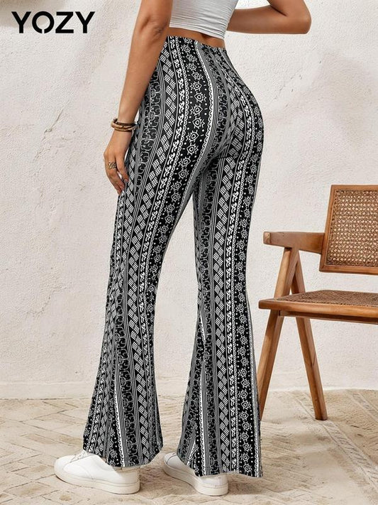 Ethnic Pattern High Waist Flare Leg Pants