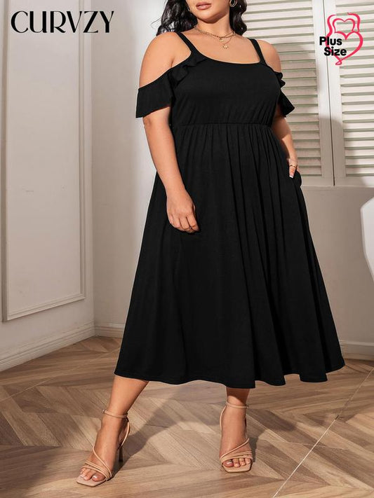 Curvzy Plus Size Cold Shoulder A-line Dress
