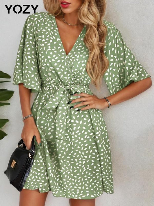 All Over Print Belted Wrap Butterfly Sleeve Dress