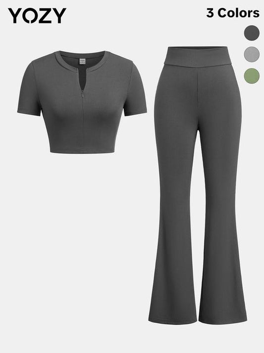 YOZY Ribbed Crop Top & Flare Leg Pants Set