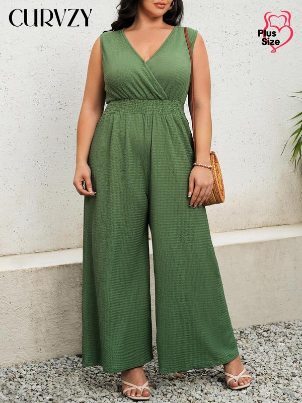 Curvzy Plus Solid Textured Wide Leg Jumpsuit