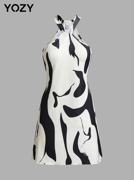 Yozy Abstract Print Halter Ribbed Dress