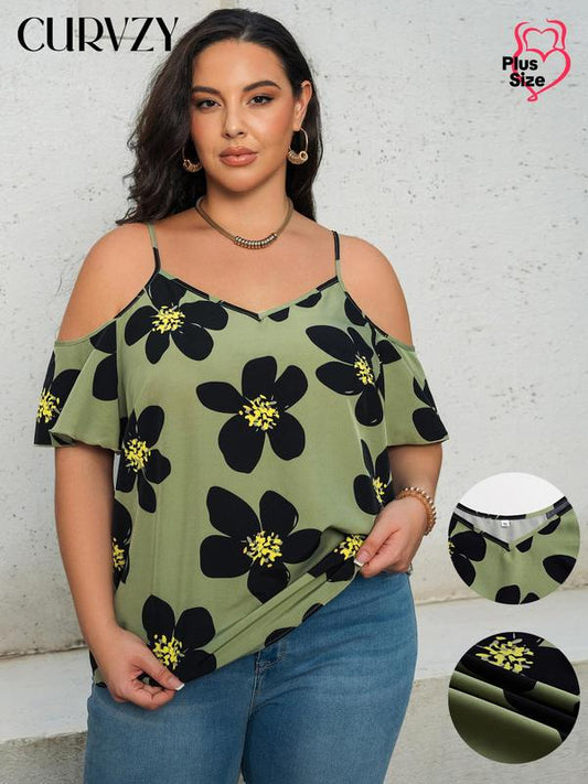 Curvzy Plus Boho Floral Cold Shoulder Blouse