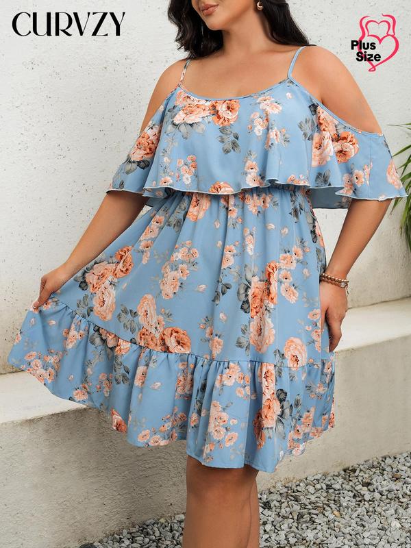 Curvzy Plus Floral Cold Shoulder A-Line Dress