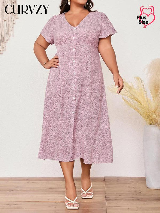 Curvzy Plus Ditsy Floral Button A-Line Dress