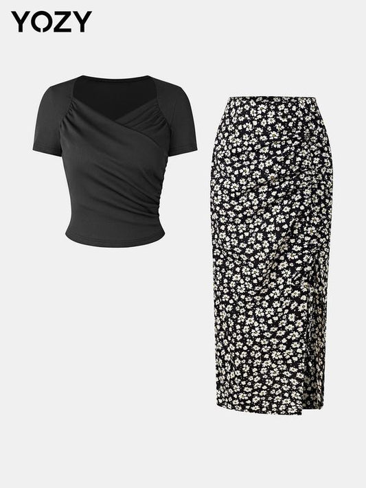 Yozy Solid Short Sleeve T-shirt & Midi Skirt