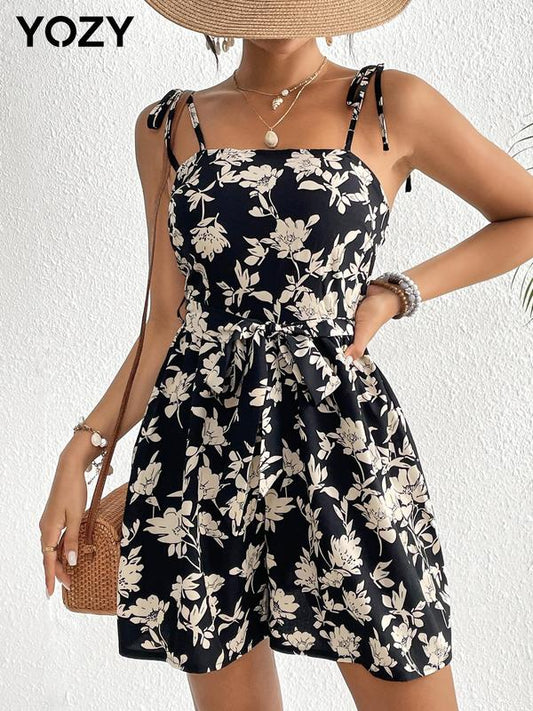 Yozy Floral Print Belted Cami Romper